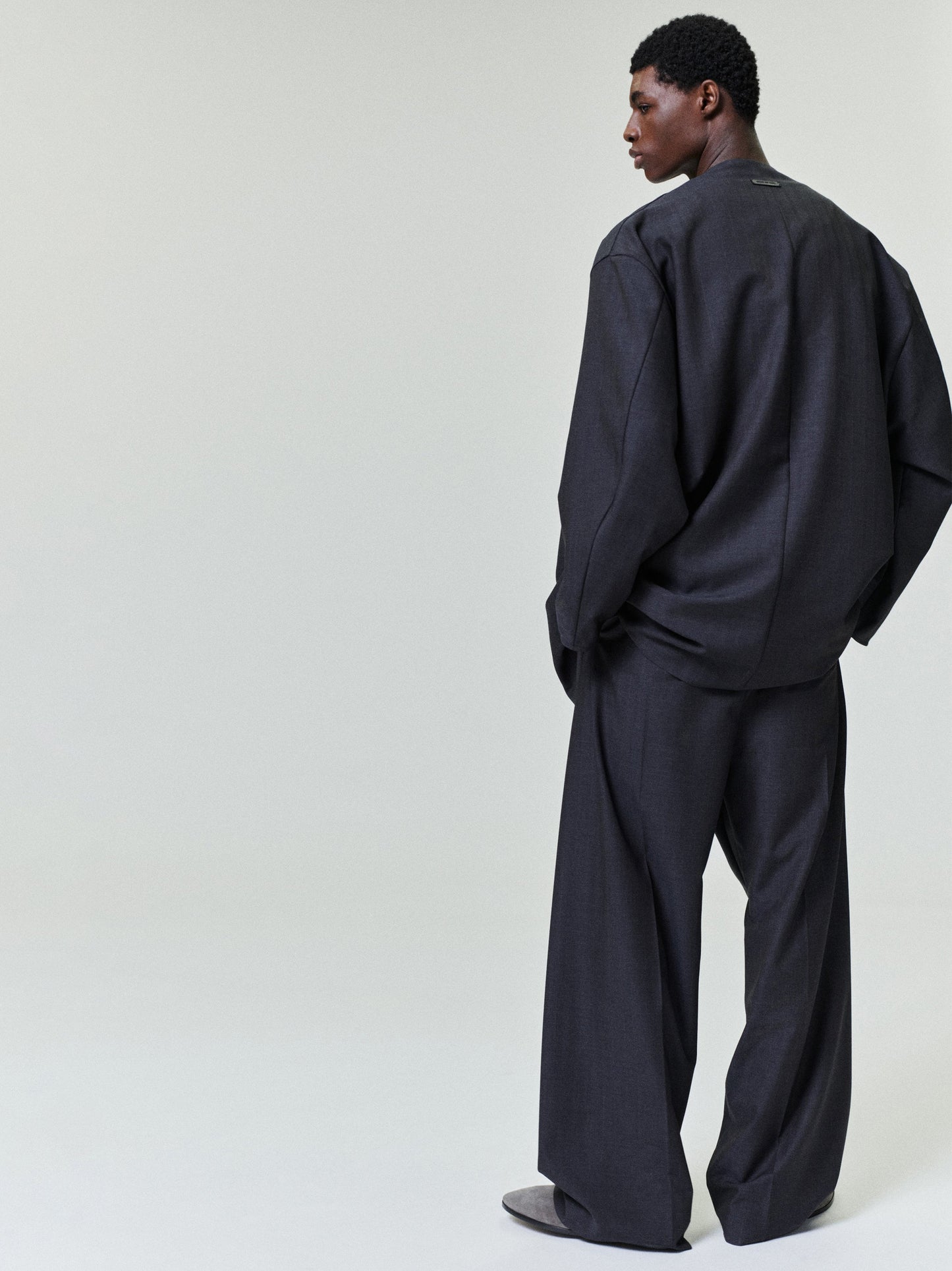 Grey Striped Wool Wide Leg Drawstring Pants